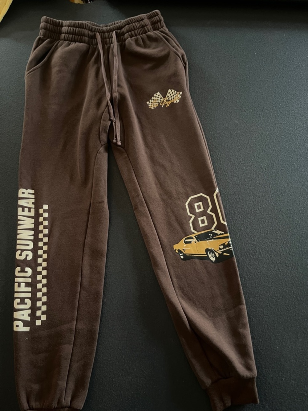 Pacific Sunwear Brown Sweatpants with Yellow Racing Car Graphics